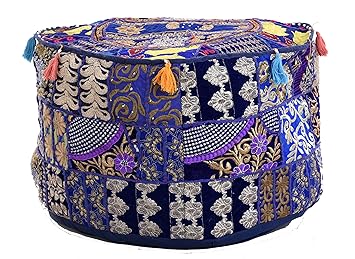 Blue Embroidery Pouf Ottoman Pouffe Poof Cover Round Pouf Foot Stool Cover Ethnic Decorative Pillow Cover 22 Inch by Handicraft-Palace