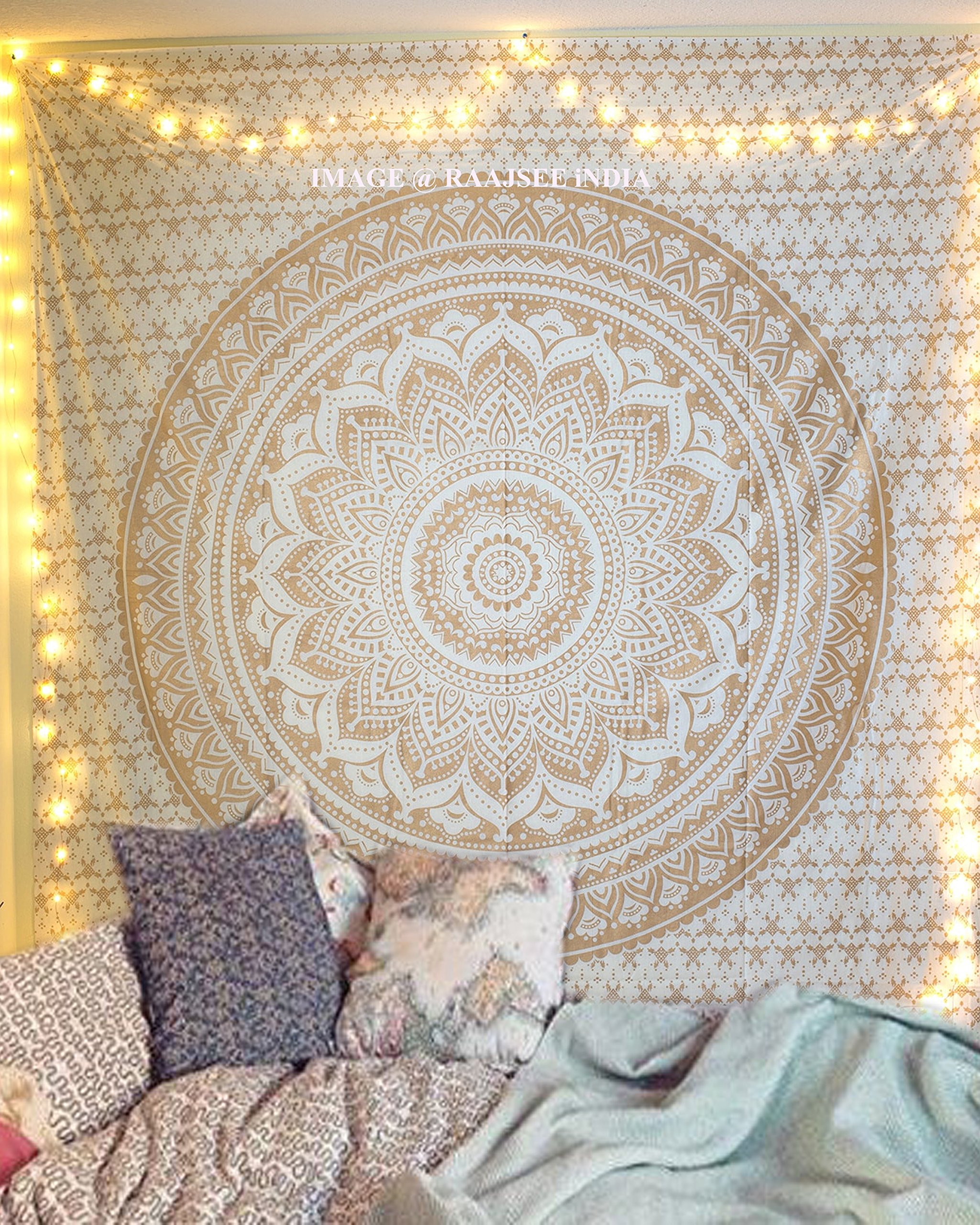raajsee Metallic Gold Tapestry Wall Hanging Mandala-Bohemian Dorm Decor Hippie Tapestries-Boho Bedding Golden bedspread yoga mat throw