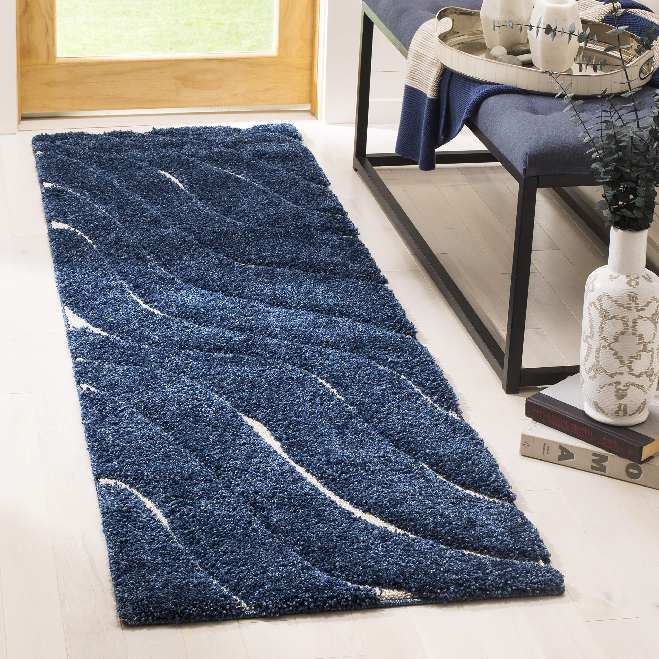 Safavieh Shag Rug for Living Room, Dining Room, Bedroom - Florida Shag Collection, High Pile, in Dark Blue and Cream, 99 X 160 cm