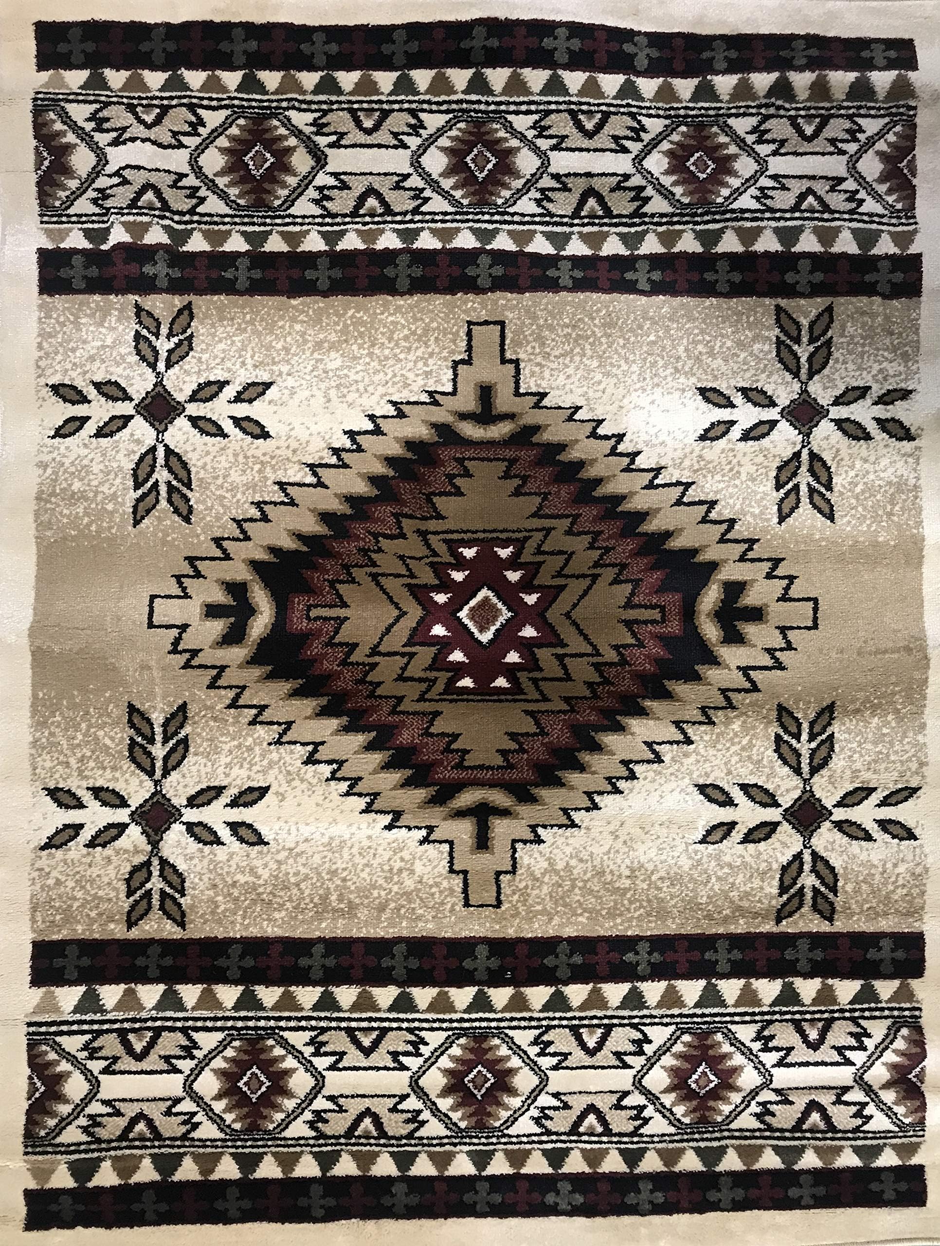 Southwest Native American Tribal 256,000 Point Area Rug Ivory Burgundy Green Beige Tan Bellagio Design T9641 (4 Feet X 5 Feet 3 Inch)