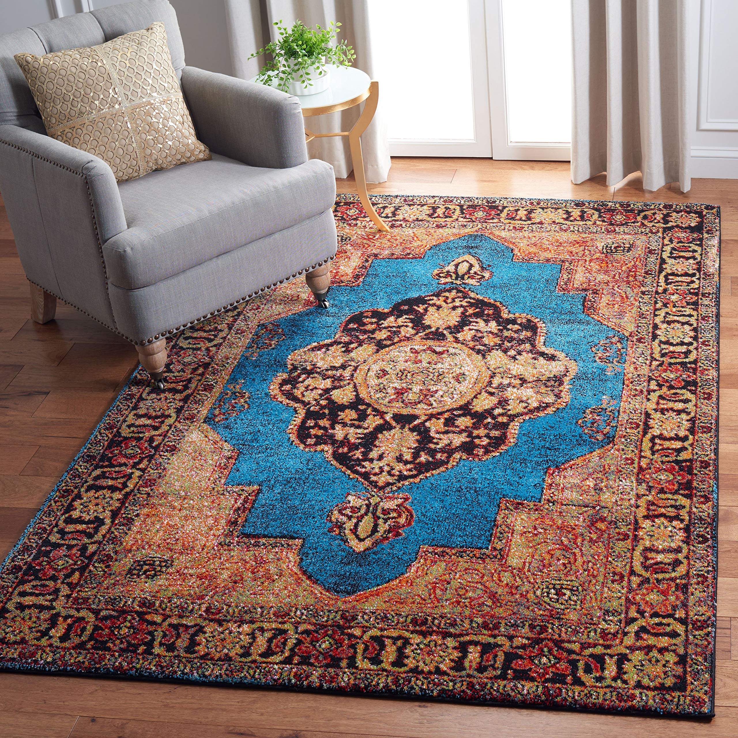 SAFAVIEH Vintage Hamadan Collection Area Rug - 6'7" Square, Gold & Light Blue, Traditional Oriental Design, Non-Shedding & Easy Care, Ideal for High Traffic Areas in Living Room, Bedroom (VTH219D) Image SAFAVIEH Vintage Hamadan Collection Area Rug - 6'7" Square, Gold & Light Blue, Traditional Oriental Design, Non-Shedding & Easy Care, Ideal for High Traffic Areas in Living Room, Bedroom (VTH219D) Image