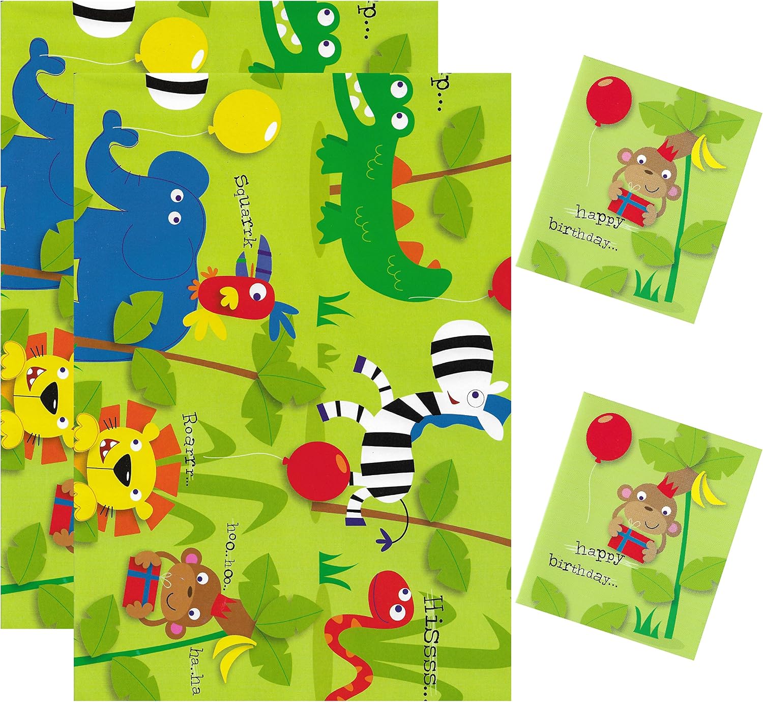 Simon Elvin 2 Sheets Gift Wrapping Paper & 2 Tags 49cm x 70cm Jungle Animals D58