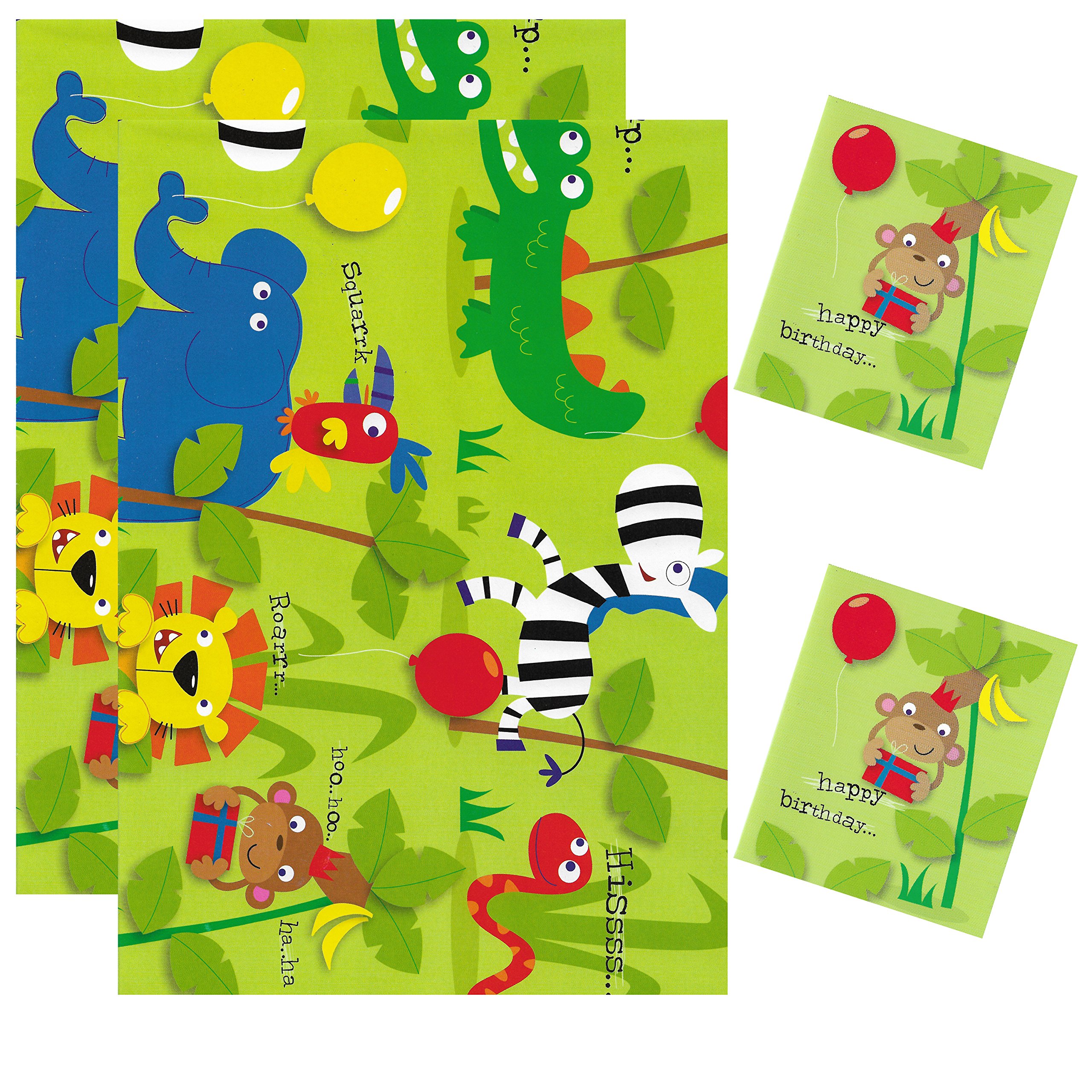 Simon Elvin 2 Sheets Gift Wrapping Paper & 2 Tags 49cm x 70cm Jungle Animals D58