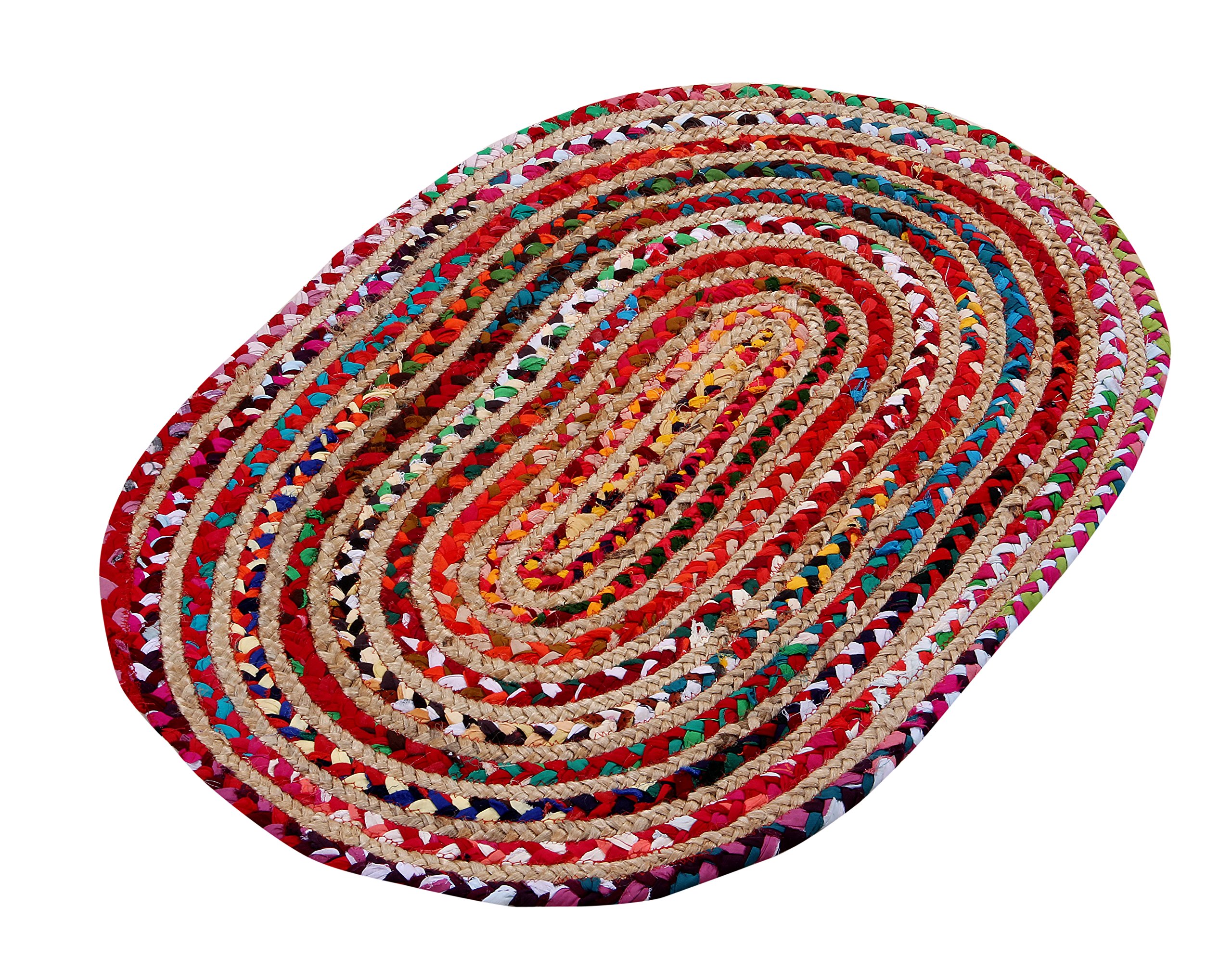 Jute Multi Chindi Oval Braided Rug, Tightly Braided Chindi and Jute Rug, Reversible,Durable,Sustainable Rug Pad, Shag Rugs for Bedroom, Floor Rug, Bedroom Rugs, Jute Kitchen Rug-24x36 inch Multi Color