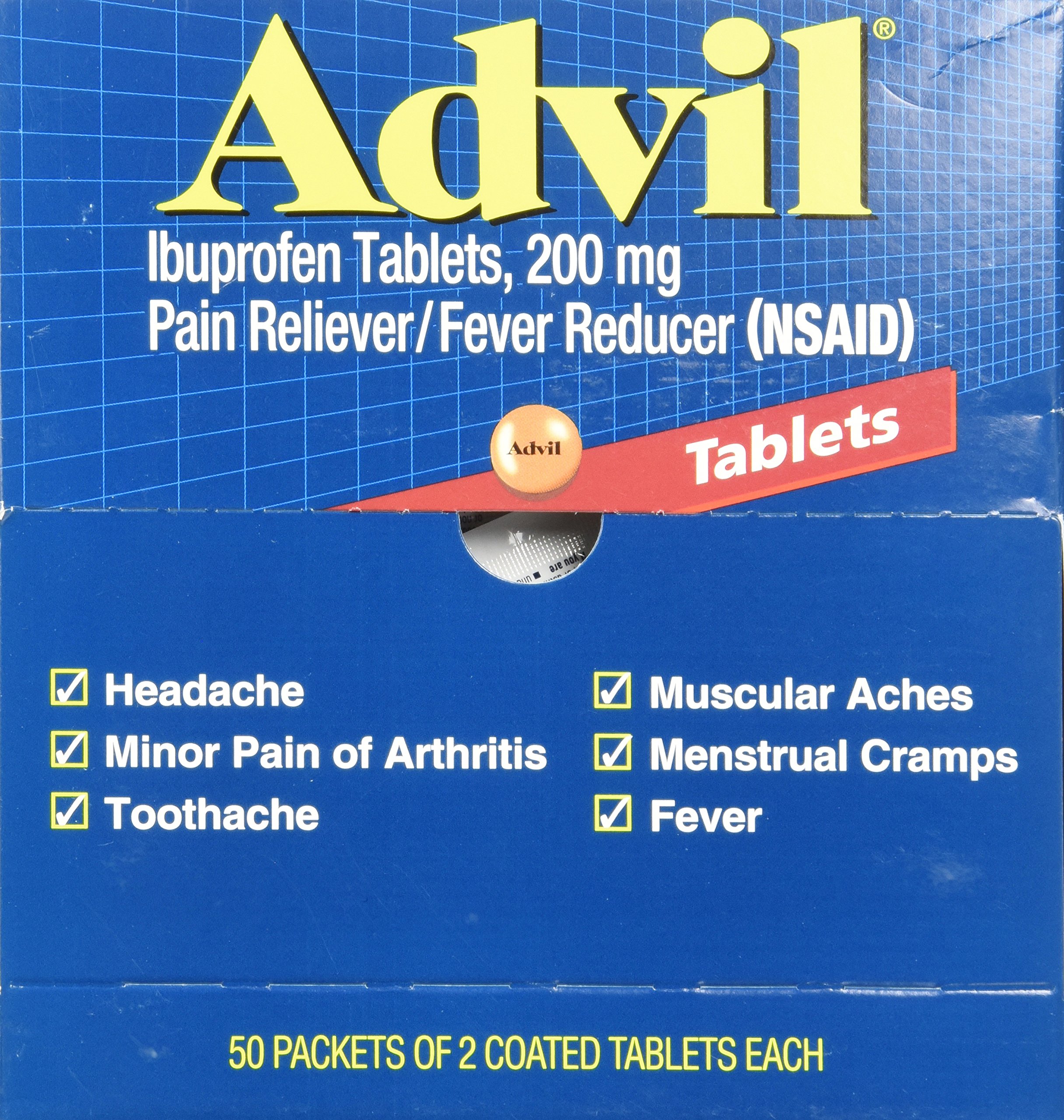 Advil Pain Reliever, Individual Sealed 2 Tablets in a Packet (Box of 50