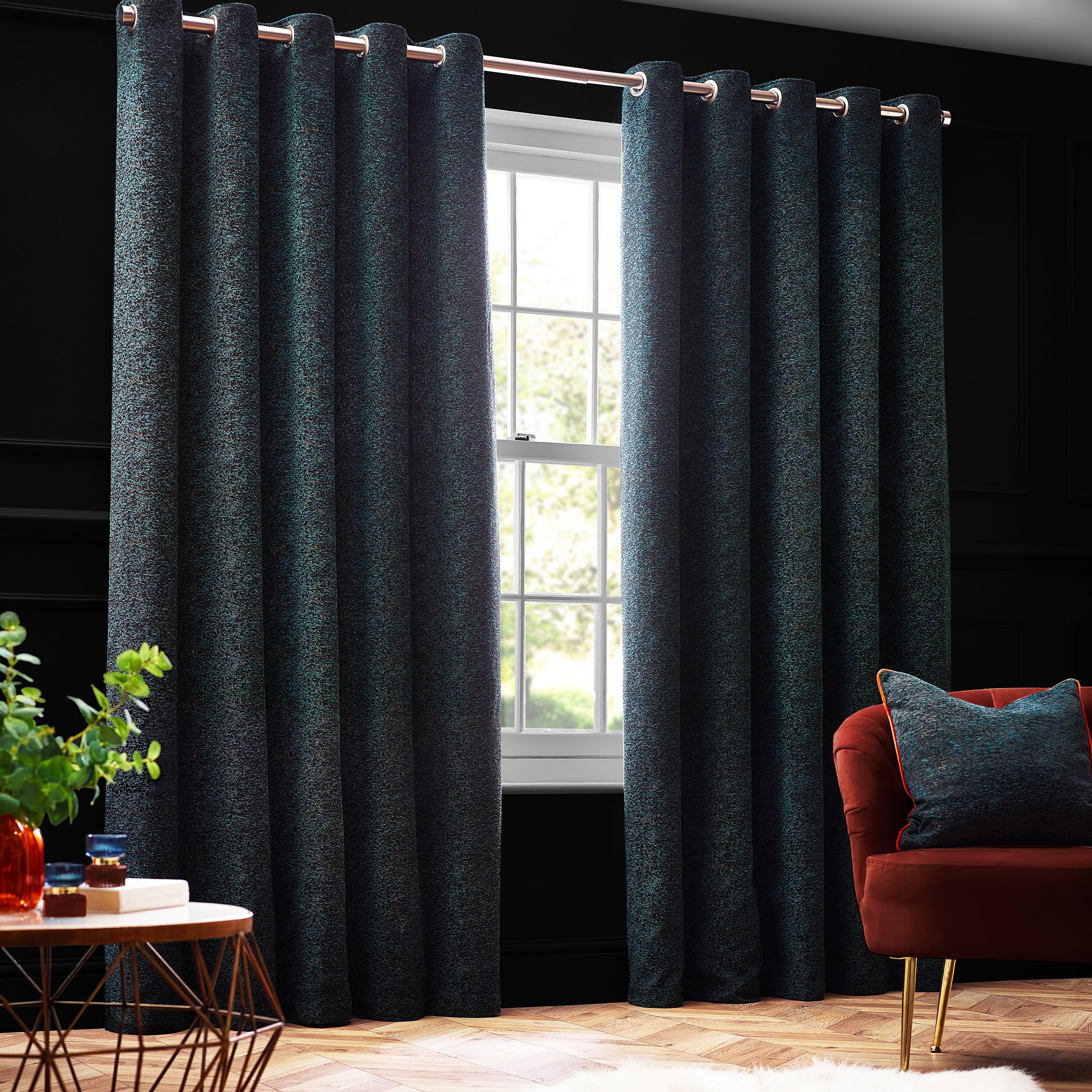 Paoletti Galaxy Eyelet Curtain Pair – Lined Room Darkening Luxury Opulent Chenille Curtains (Emerald - 117x137cm)