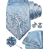 GUSLESON 8cm Paisley Tie Set for Men Necktie Lapel Pin Pocket Square Cufflinks Set for Men