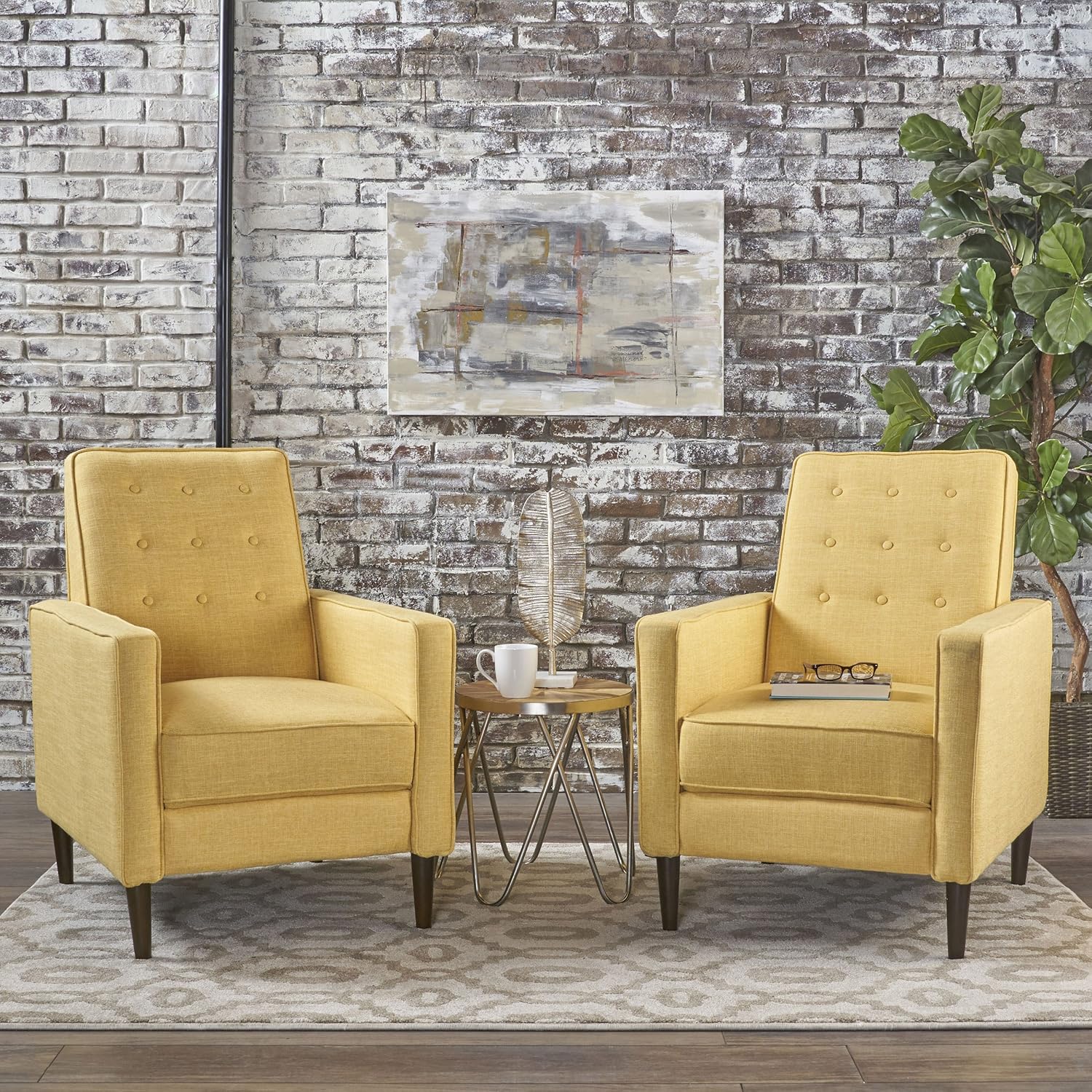 Christopher Knight Home 301378 Mason Mid-Century Modern Tuft Back Recliner (Qty of 2, Fabric/Muted Yellow), Set of 2