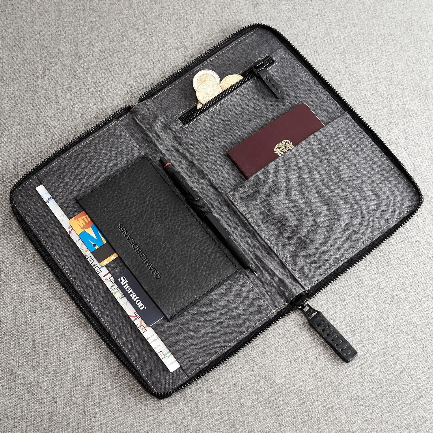 Porta Pasaporte De Piel Negra, Billetera Organizadora De Documentos