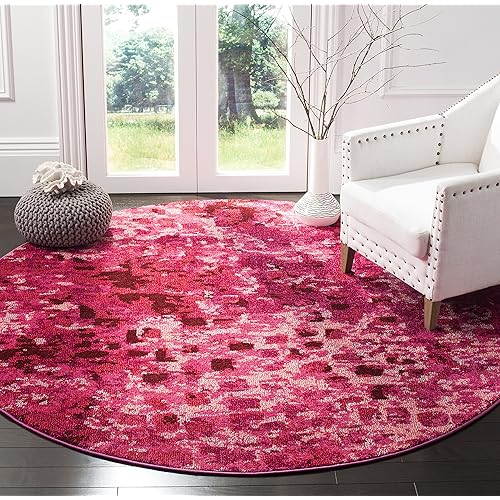 Safavieh Monaco Collection MNC225F Boho Chic Abstract Watercolor Non-Shedding Stain Resistant Living Room Bedroom Area Rug, 6'7" x 6'7" Round, Fuchsia