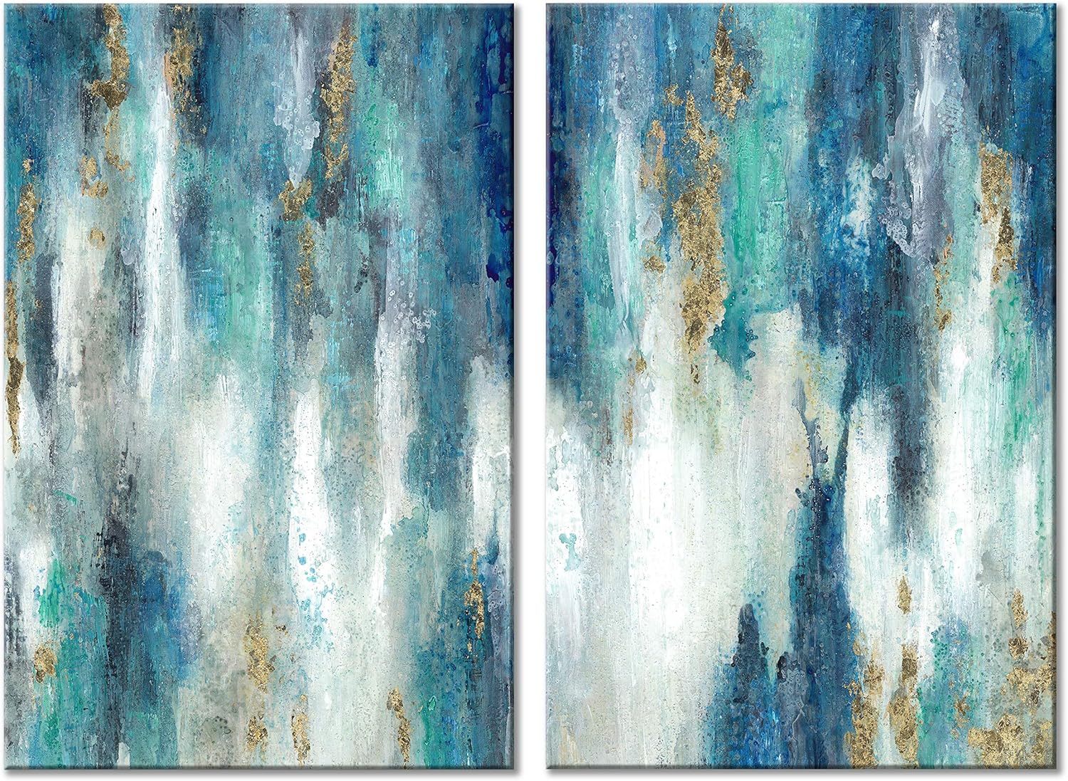 Paintings - UTOP-art Abstract Canvas Painting Wall Art: Hand Painted Gold Foils Heavy Textured Navy Blue Picture Artwork for Living Room (36'' x 24'' x 2 Panels)