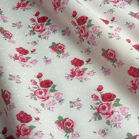 Meterware, Polyester-Baumwoll-Gemisch, gepunktet mit Rosenmotiv, verschiedene Farben erhältlich Pink