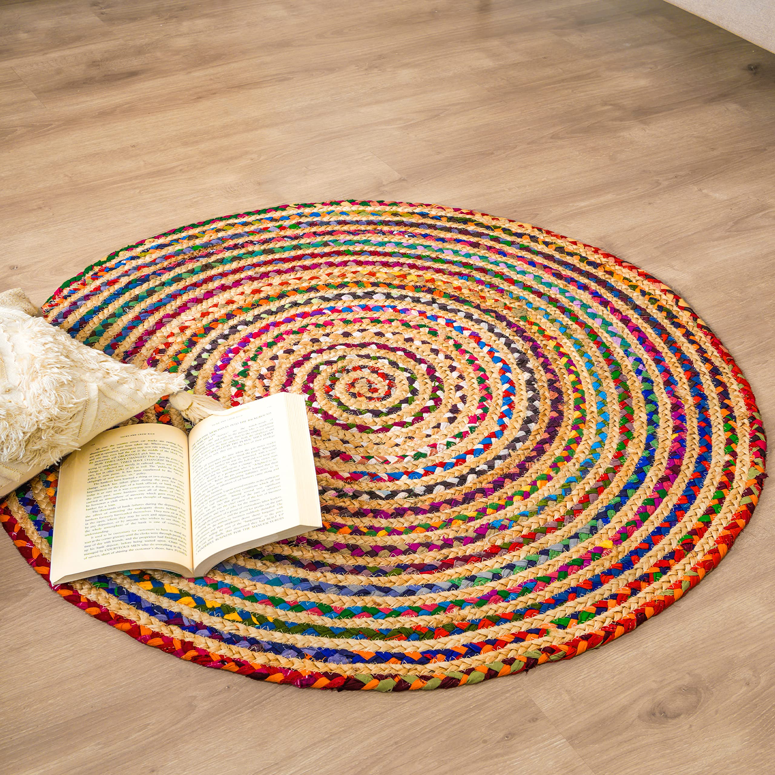 RAJRANG Multicolor Chindi Jute Area Rug Round 91 Reversible Rustic Braided Natural Rag Rugs for Living Room Farmhouse Bedroom Home Décor