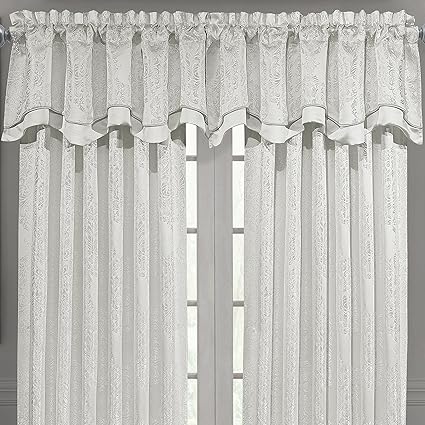Five Queens Court Carlisle Dual Layer Woven Jacquard Luxury Scallop Window Valance, Straight, White