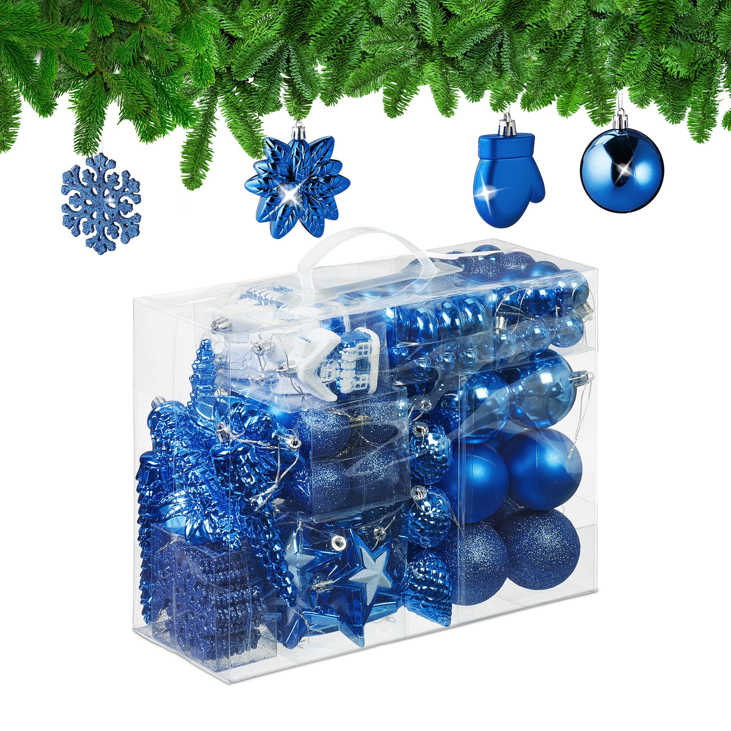 Relaxdays 100x Christmas Ornaments, Baubles, Glittering, Matte & Shiny, Tree Decorations, Plastic, 10 Designs, Blue
