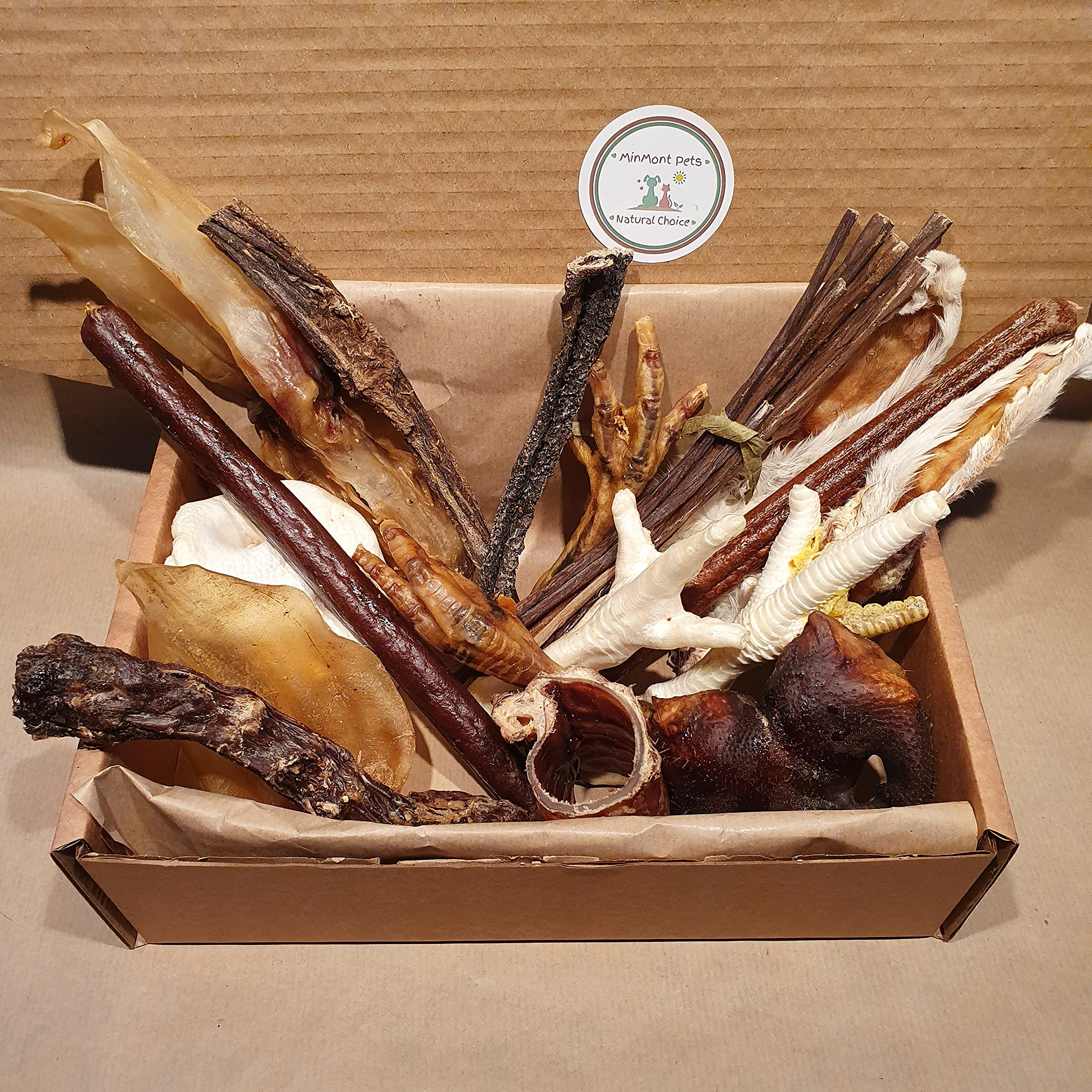 Natural treats for dogs, healthy selection variety box. Long lasting natural chews. Great Value box. Rabbit Ears, Pizzle, Buffalo Ears, Chicken, Pig Snouts, Tripe & Much more