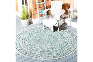SAFAVIEH Courtyard Collection Area Rug - 4' Round, Light Grey & Teal, Non-Shedding & Easy Care, Indoor/Outdoor & Washable-Ide