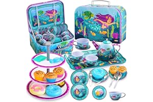 JOYIN 35Pcs Mermaid Tea Party Set for Little Girls, Pretend Tin Teapot Set, Princess Tea Time Play Kitchen Toy with Dessert, 