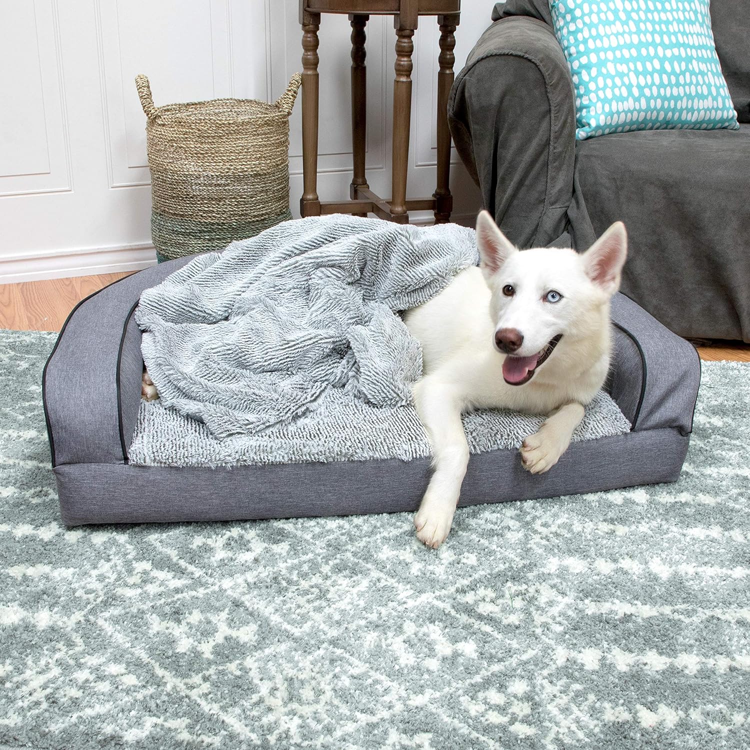SportPet Designs Luxury Sofa Lounge Pet Bed, Blanket Reversible, Water-Resistant Liner, Top Memory Foam - Large, Gray (CM-10055-CS01) : Pet Supplies
