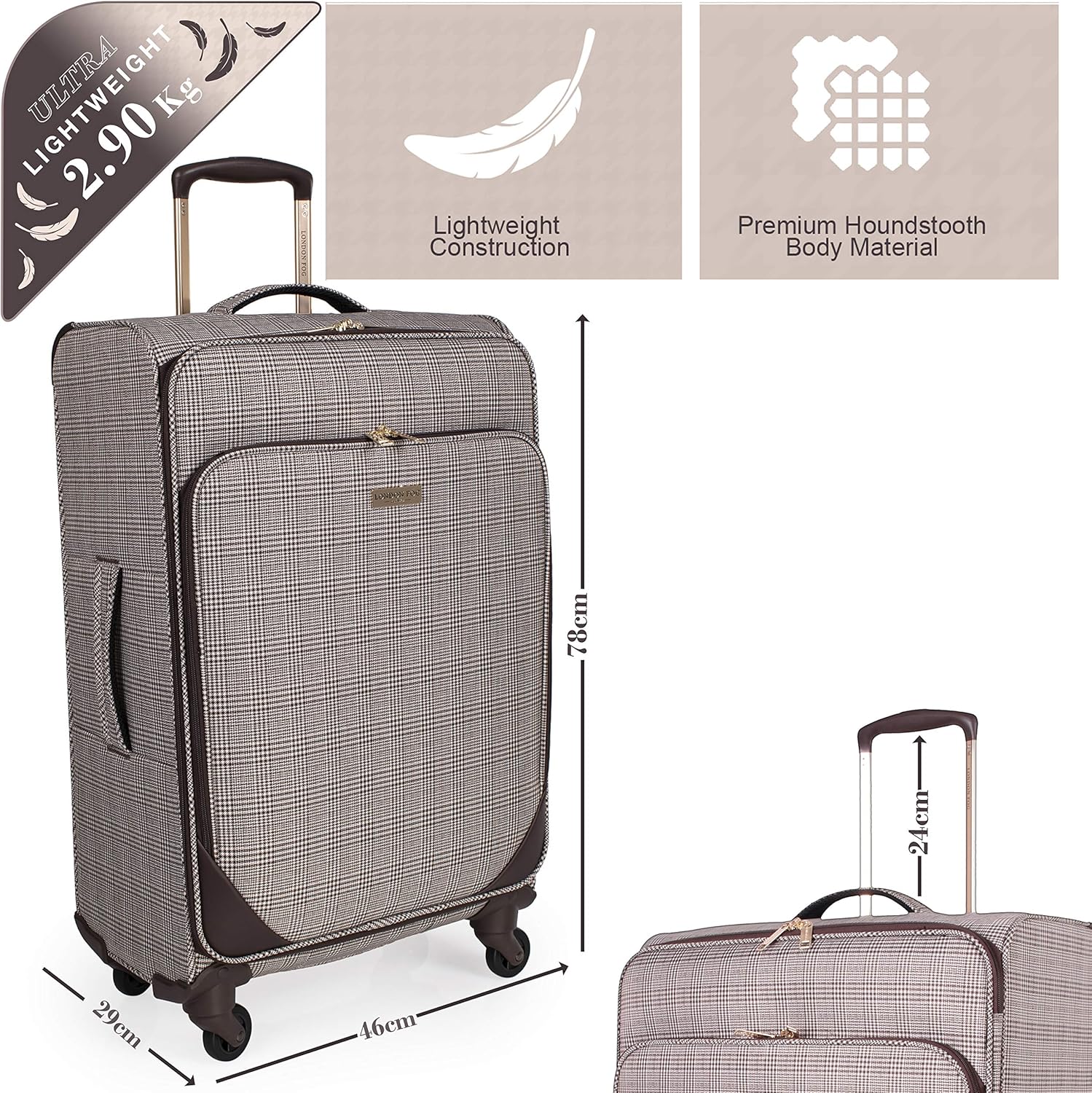 London Fog 30 Inch Suitcase with x4 Spinner Wheels, Soft Shell Luggage with Drag Handle, Spinner Wheels, Brown Houndstooth, L - Image 3