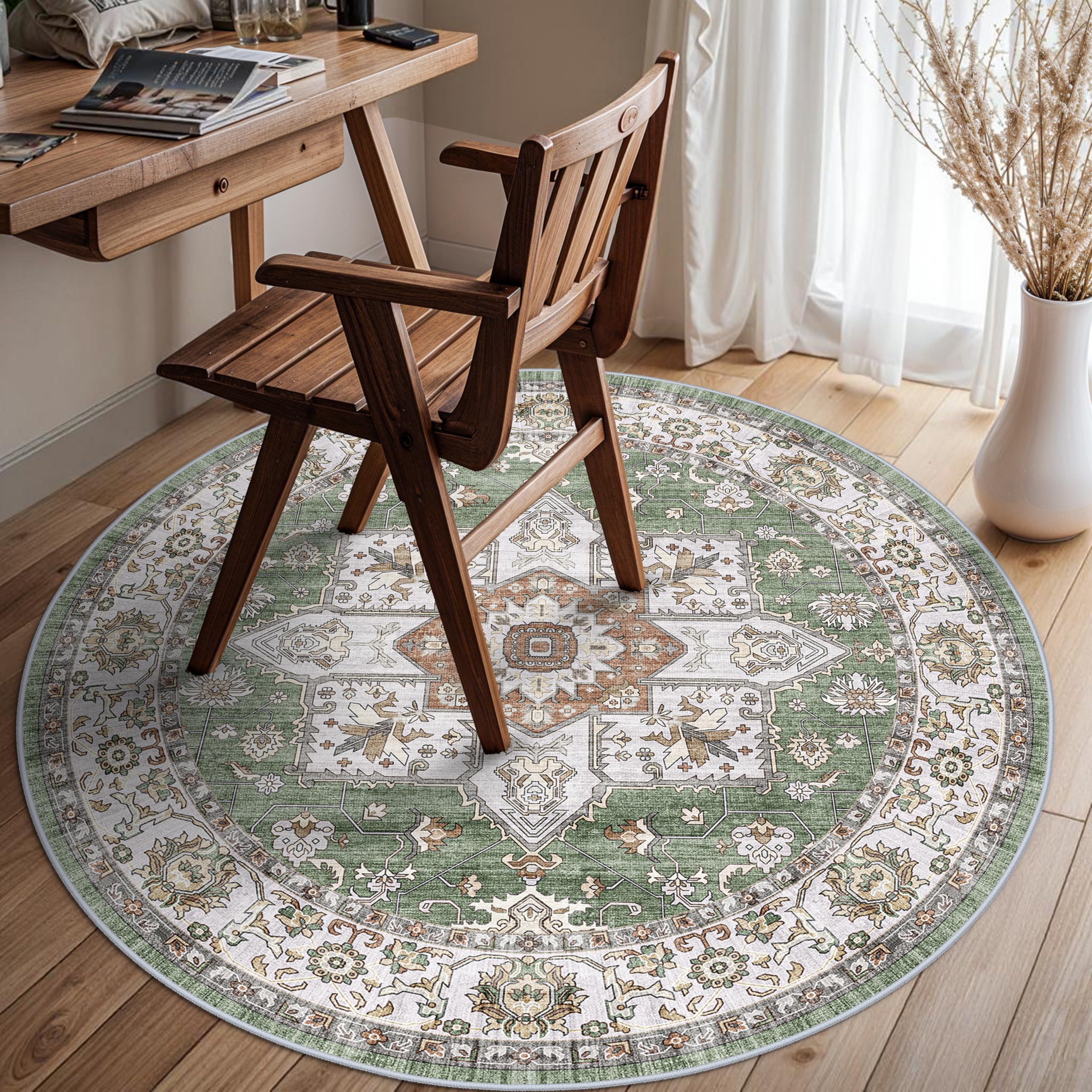 RUUGME Washable 4round Area Rugs - Boho Rugs for Living Room Stain Resistant Carpet Vintage Tribal Rugs for Bedroom Kitchen Bathroom with Non Slip Backing Home Decor Floor Decoration Mat 4ft Sage Image