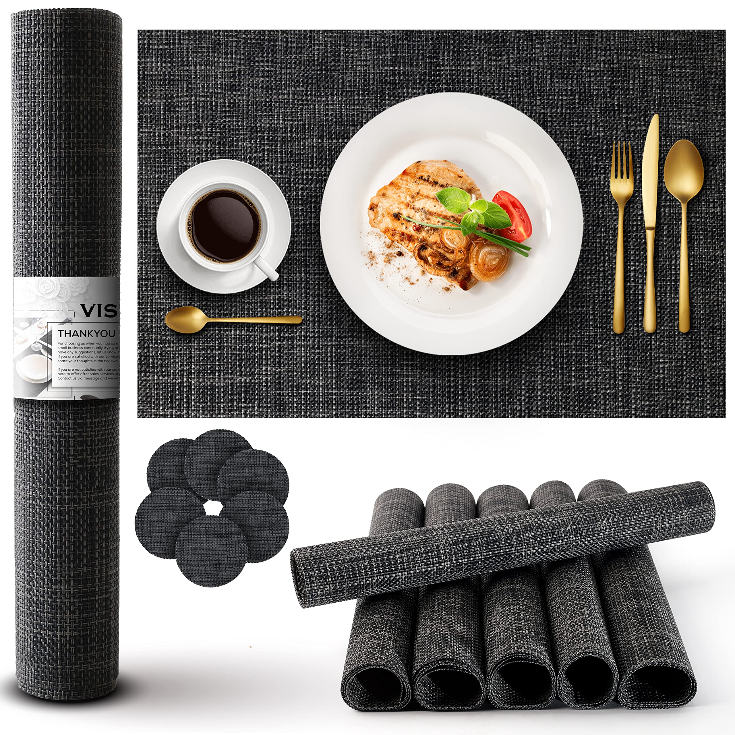 VISTAX Placemats and Coaster sets 6, Washable, Waterproof & Heat-Resistant Place Mats for Table, Non-Slip 45 x30CM Durable Table Mats for Dining, Easy to Clean & Reusable-Grey