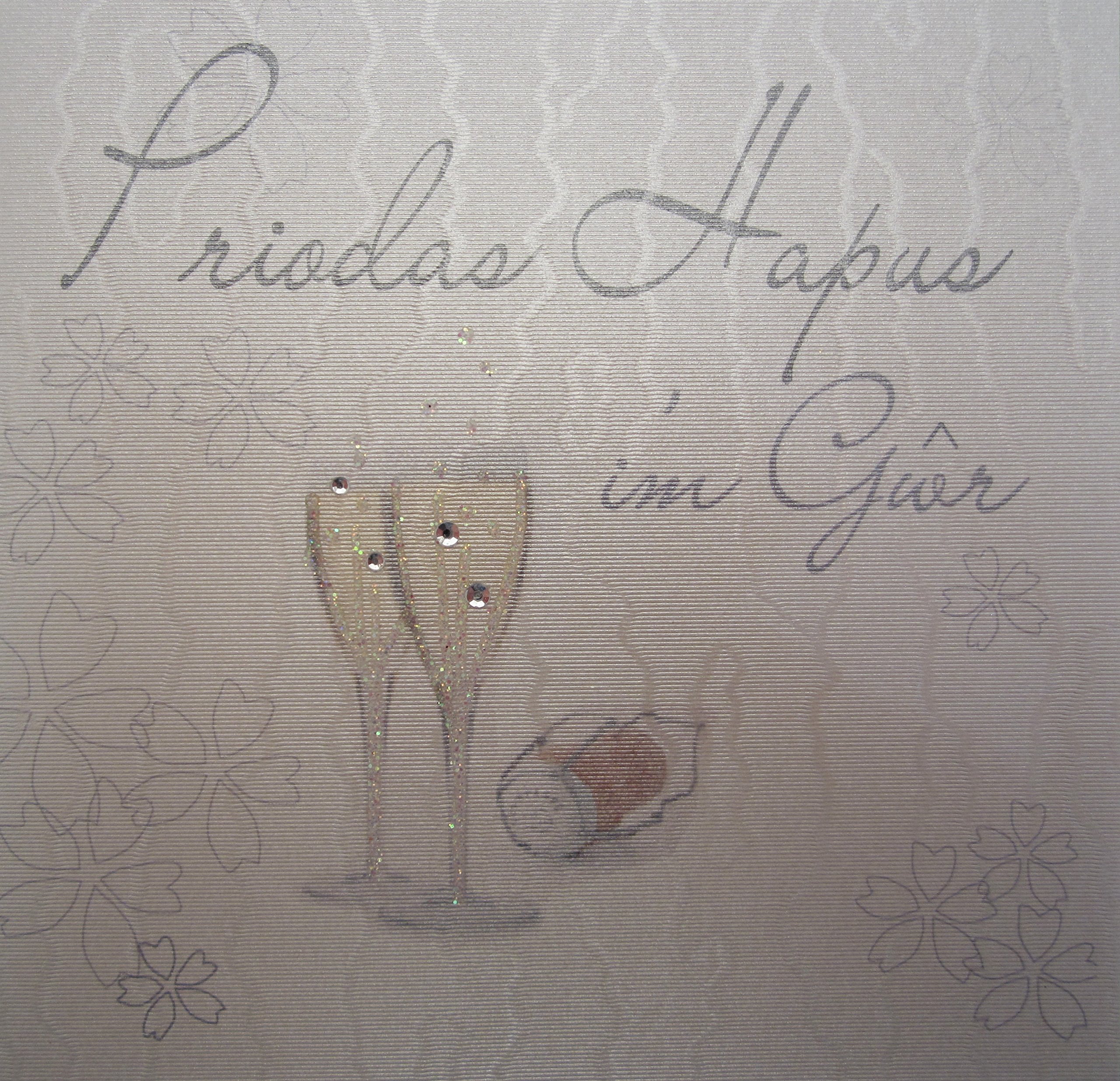 WHITE COTTON CARDS Priodas Hapus im Gwn, Handmade Welsh Card (Champagne Glasses)