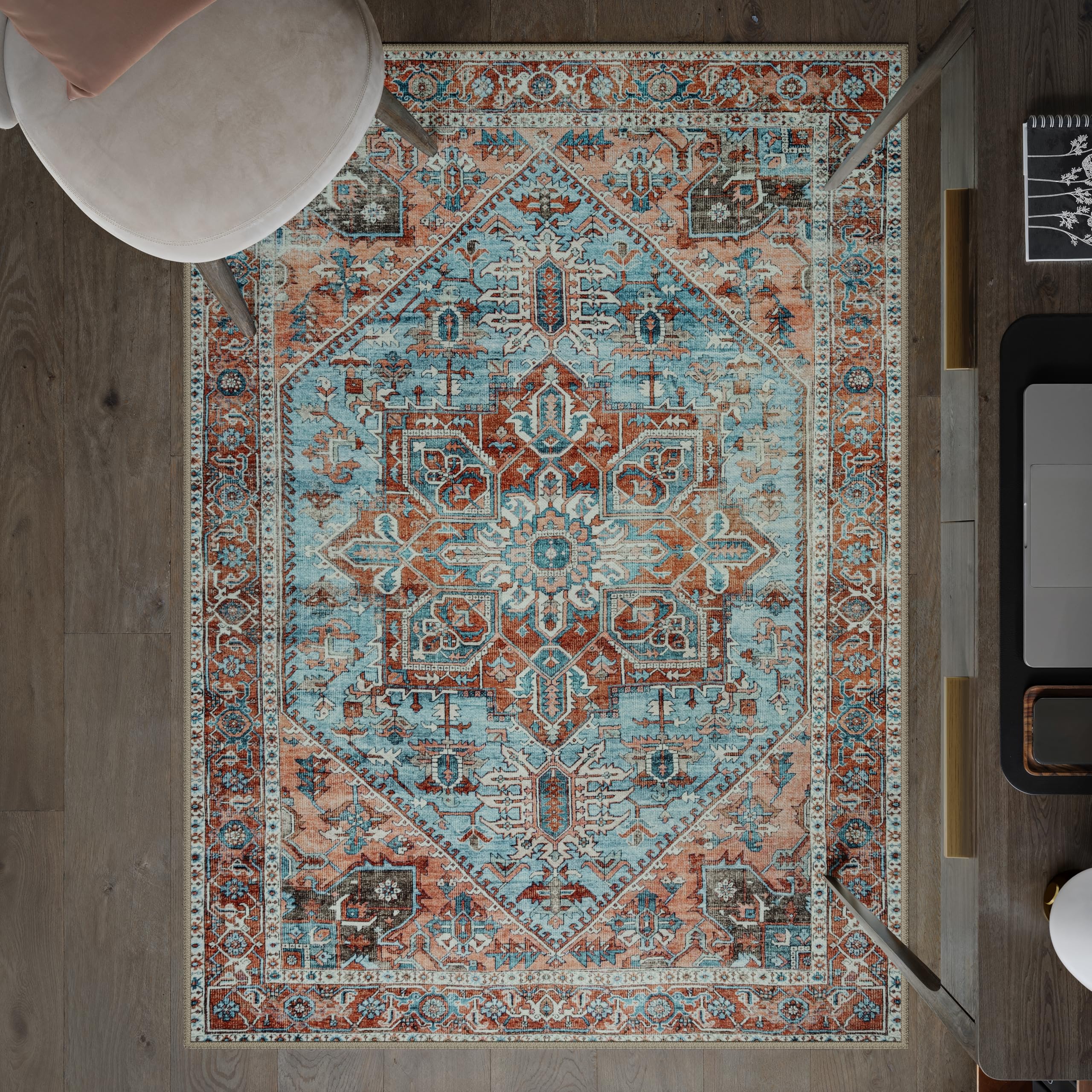 artyrugs Machine Washable Rug, 122x170cm, 75% Recycled Cotton, Short Pile, Non-Slip Backing, Non-Shedding, Suitable for Living Room, Bedroom, Kitchen, Hallway, Office, Cyan Blue & Salmon
