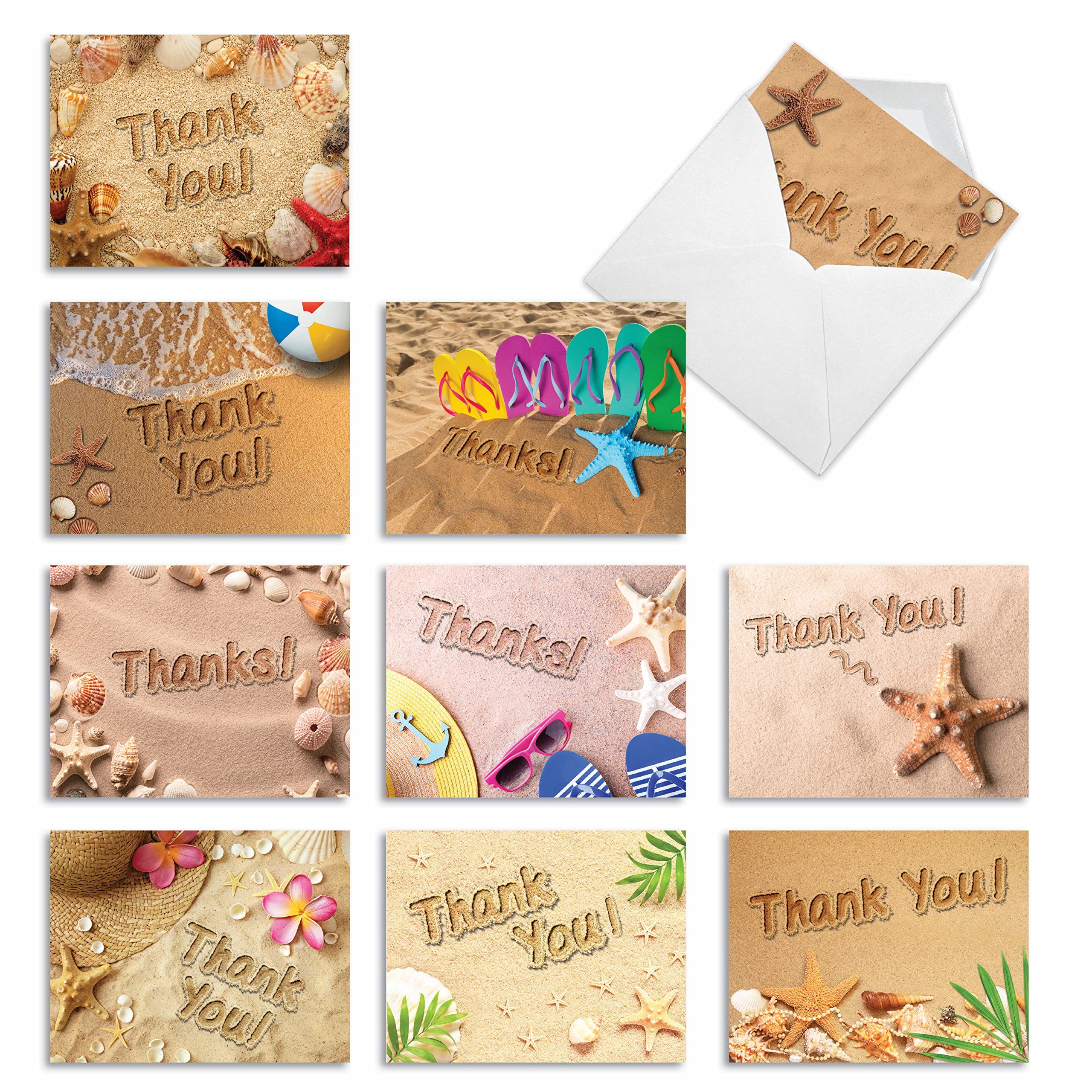 The Best Card Company 10 Assorted Thank You Note Cards Boxed Set 4 x 5.12 Inch with Envelopes (10 Designs, 1 Each) Beach Notes AM6113TYG-B1x10