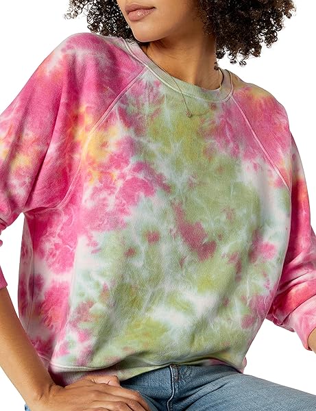 THE DROP WOMEN’S CAROLINE RAGLAN LONG SLEEVE FLEECE SWEATSHIRT SWEATER, -NEON TIE DYE, XXS