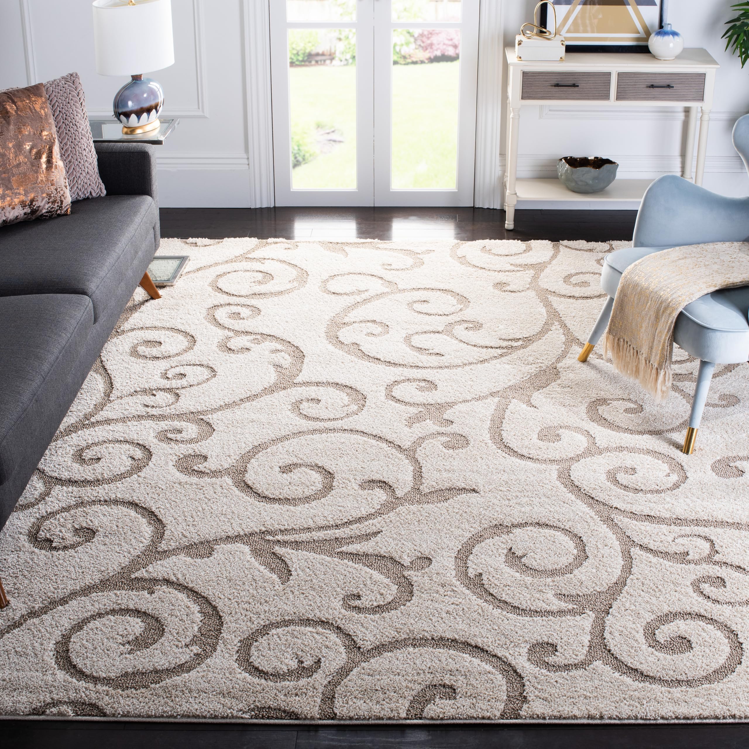 SAFAVIEH Florida Shag Collection Area Rug - 9'6" x 13', Ivory & Beige, Scroll Design, Non-Shedding & Easy to Clean, High-Low Plush Pile, Ideal for Living Room, Bedroom, Dining Space (SG455-13LT) Image
