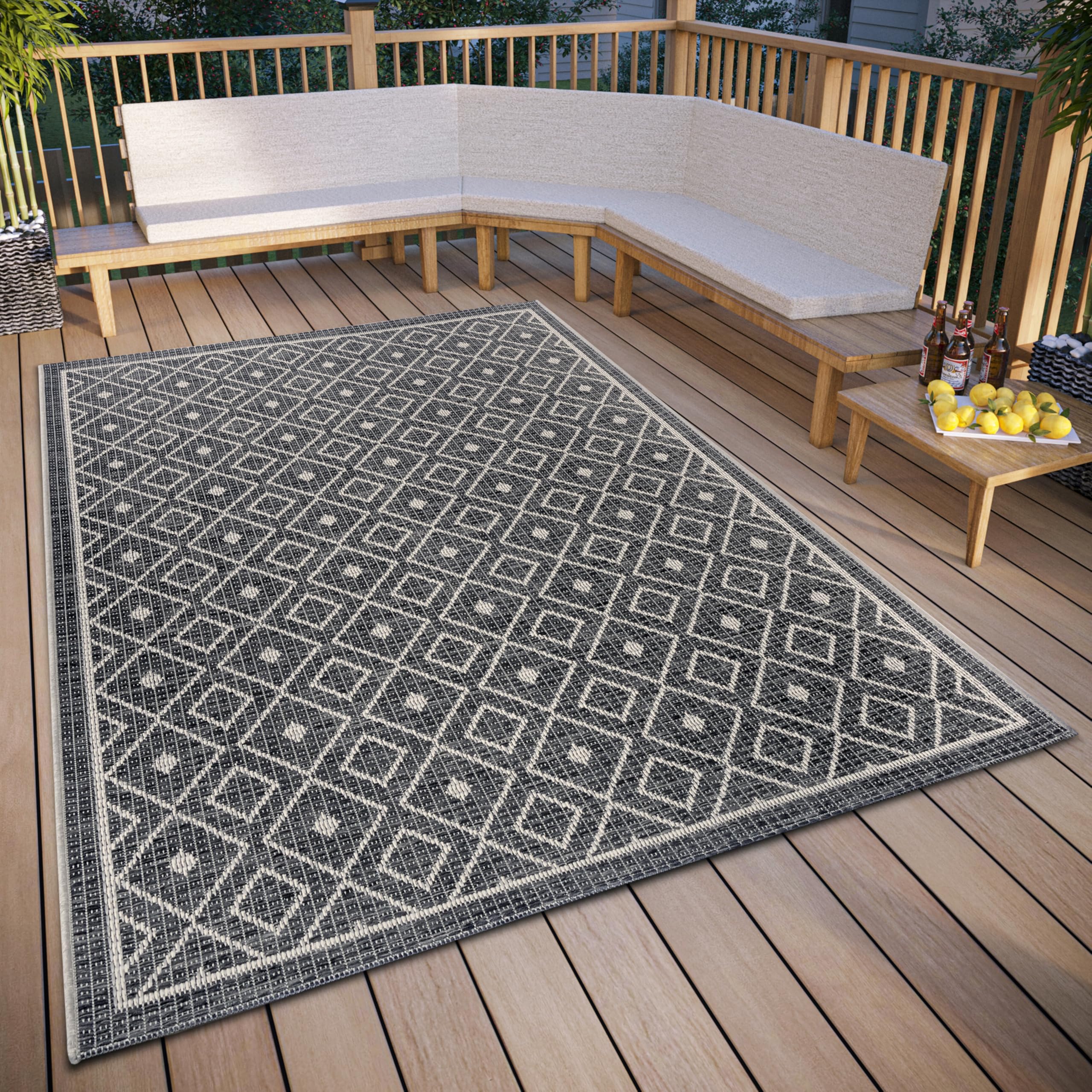 Hanse Home Lahal Outdoor Rug Weatherproof - Modern Geometric Diamond Pattern, Waterproof Robust Outdoor Rug Flat Weave for Garden, Balcony, Patio, Living Room - Grey Beige, 76 x 150 cm
