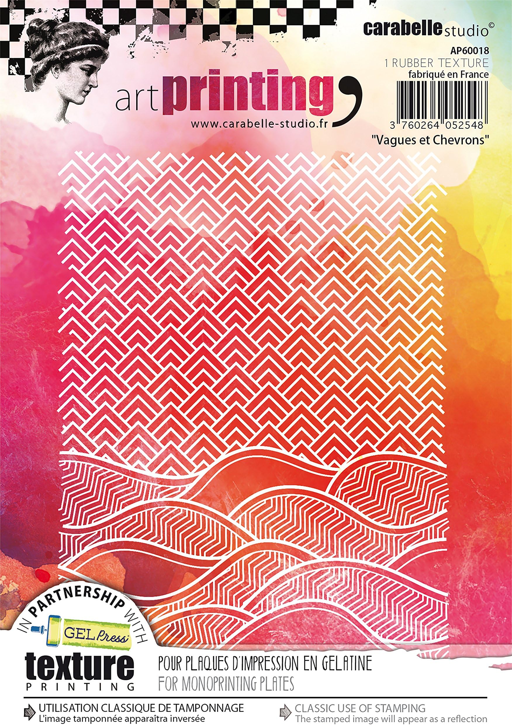 Carabelle Studio Art Printing Rubber Texture Stamp, Waves and Chevrons, Rectangle for Gel Monoprint Plates, us:one size, Multi-colored