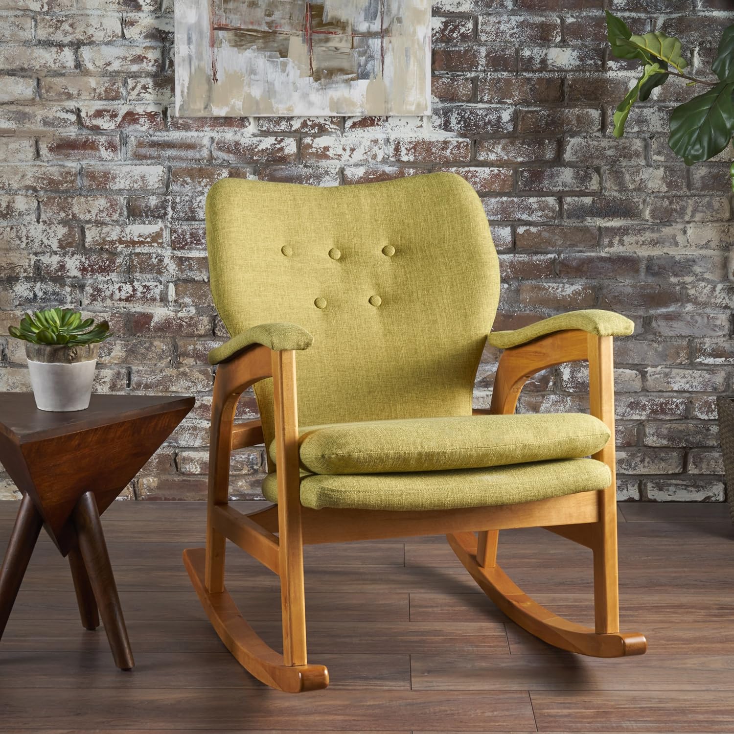 Christopher Knight Home 301990 Bethany Mid Century Fabric Rocking Chair Muted Green Light Walnut