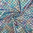 FINGERINSPIRE Mermaid Dragon Scales Fabric 40x60 inches 2 Way Stretch Spandex Hologram Fish Scale Fabric with Colorful Rainbow Stripe