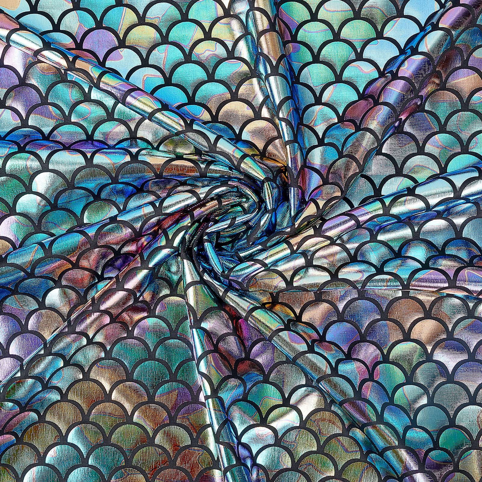 FINGERINSPIRE Mermaid Dragon Scales Fabric 100x150cm 2 Way Stretch Spandex Hologram Mermaid Scale Print Fabric Fish Scale Fabric with Colorful Rainbow Stripe for Costume, Dress, Decor