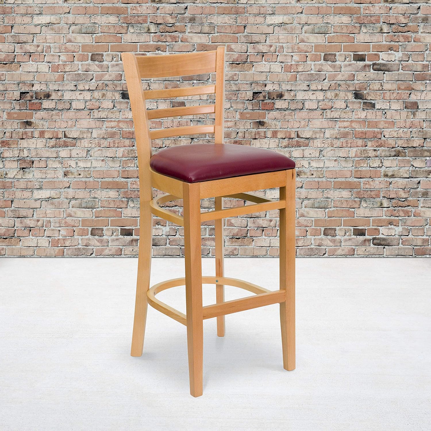 Flash Furniture 2 Pk. HERCULES Series Ladder Back Natural Wood Restaurant Barstool - Burgundy Vinyl Seat