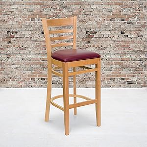 Flash Furniture 2 Pk. HERCULES Series Ladder Back Natural Wood Restaurant Barstool - Burgundy Vinyl Seat