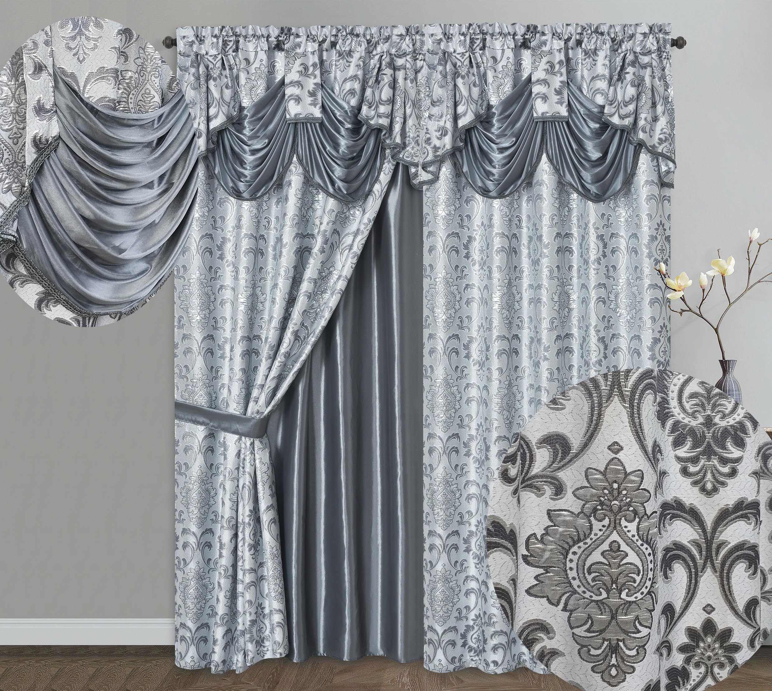GOHD Samba Star. Jacquard Window Curtain Panel Drape with Attached Fancy Valance and Taffeta Backing. 2pcs Set. Each pc 54" Wide x 90" Drop with 18" Valance. (Grey)