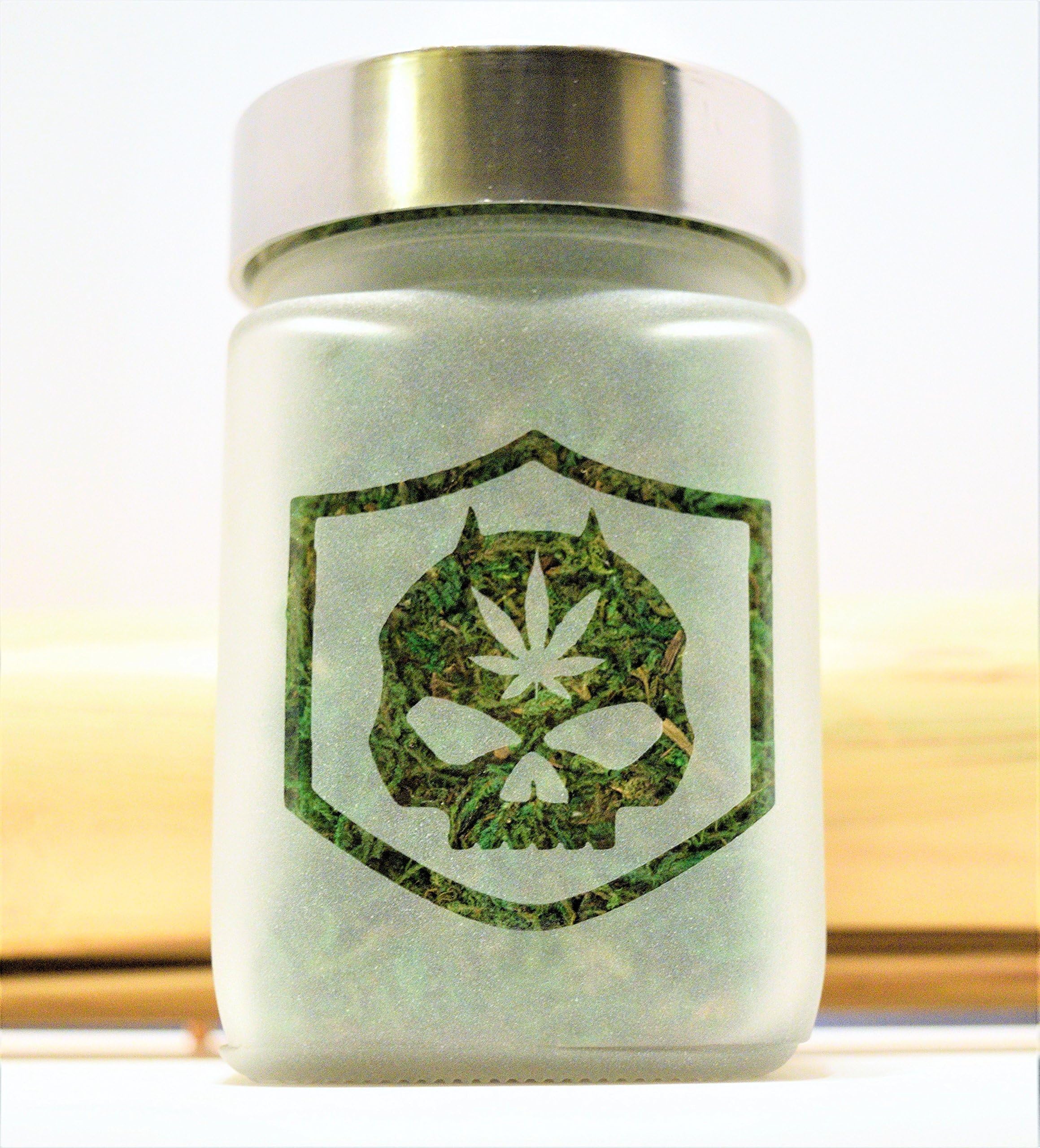 Personal Stash Jar, Biker Inspired Horned Skull Etched Glass Herb Storage - 3" Tall x 2" Wide, Perfect Size for Gifting. Holds up to 1/2 Oz Herb.