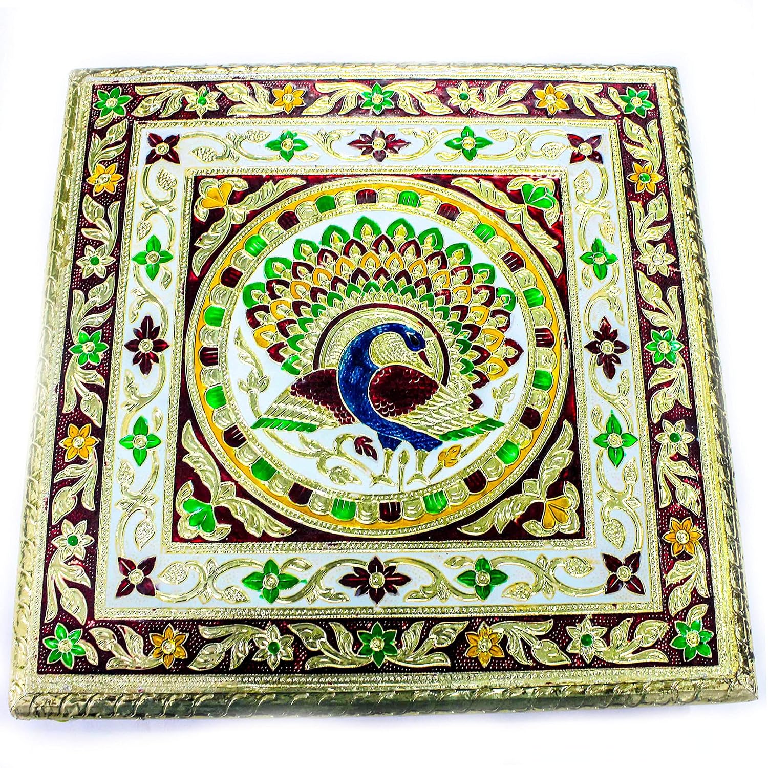 The Holy Mart Bigwooden Golden Decorative Chowki For Puja 12x12