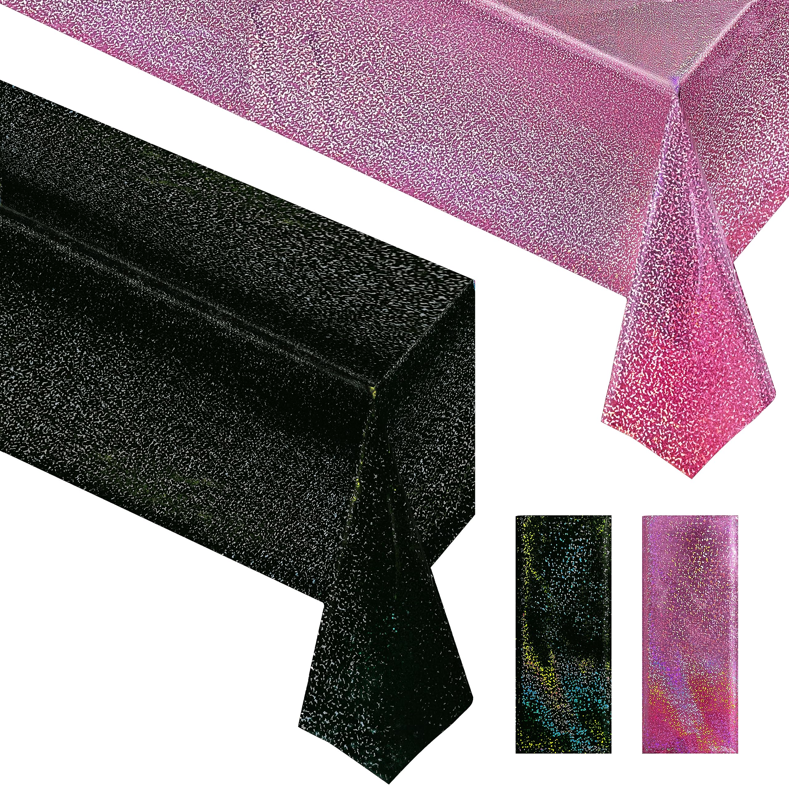 Photo 1 of 2 pcs Pink & Black Holographic Laser Tablecloth 40" x 108" Party Table Cloth Shimmer Shining Plastic Metallic Table Cover for Pink Halloween Decor Girls Baby Shower Birthday Party Supplies