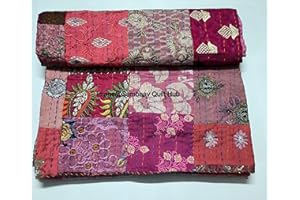 SAMBHAV QUILT HUB Embrodiery Beautiful Handmade Vintage Silk Sari Jari Patchwork Khambhadiya Kantha Quilting Kantha Quilt Reversible Bed Cover Assoted Kantha Quilt Throw Blanket/Twin/Queen/King (Pink, 50X70 inches)
