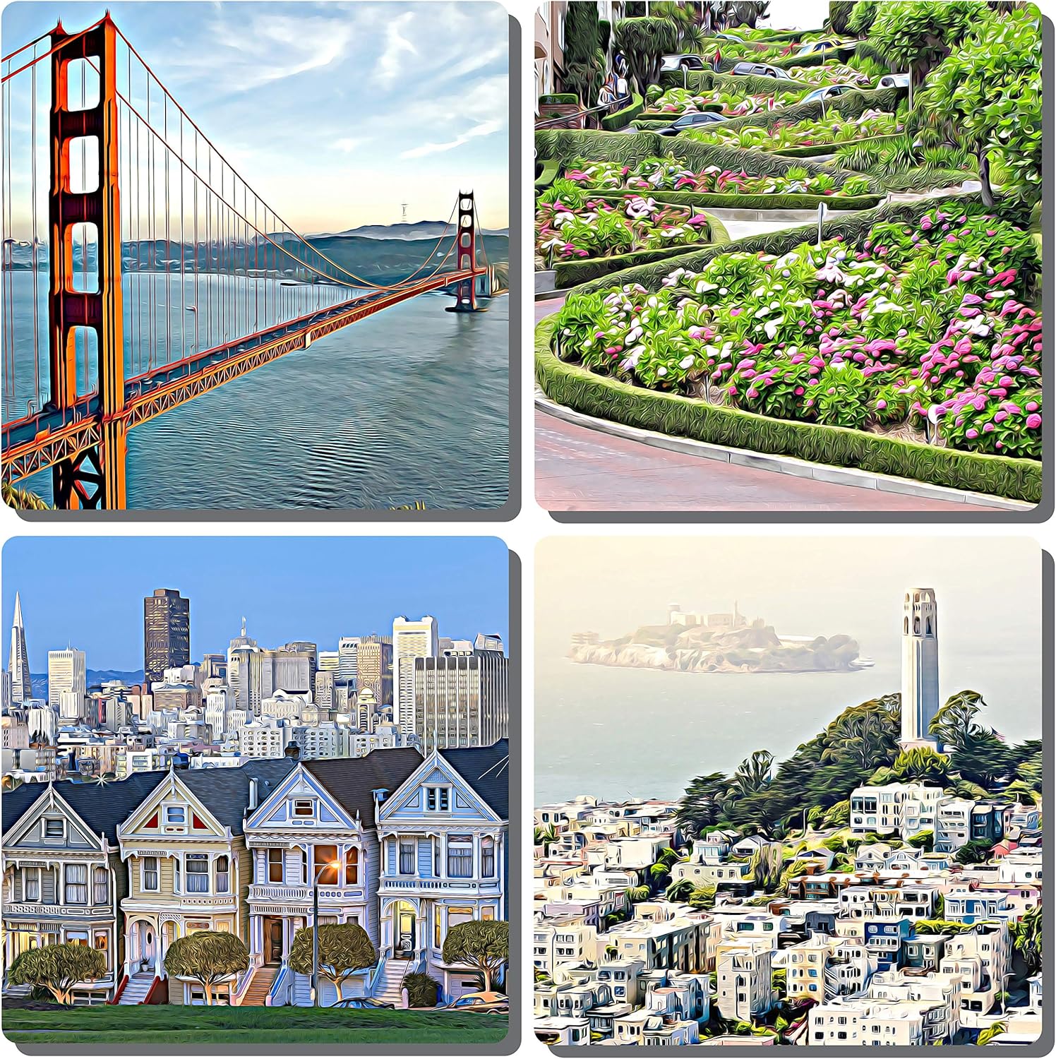 EXIT82ART - Stone Drink Coasters (Set of 4). Iconic San Francisco. Tumbled Stone, Cork-backed.