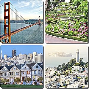 EXIT82ART - Stone Drink Coasters (Set of 4). Iconic San Francisco. Tumbled Stone, Cork-backed.