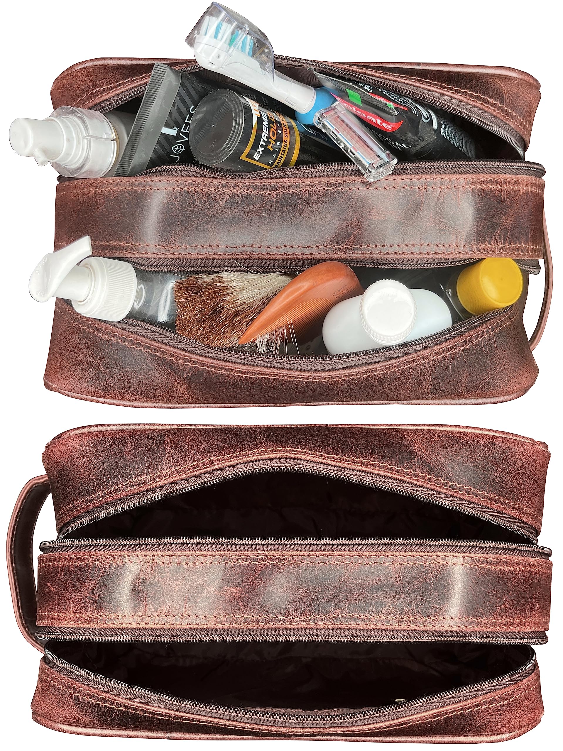 RUSTIC TOWN Leather Toiletry Bag for Men - Travel Shaving Ditty Kit - Bathroom Shower Toiletries Organizer - Leather Cosmetic Bag for Women (Walnut Brown)