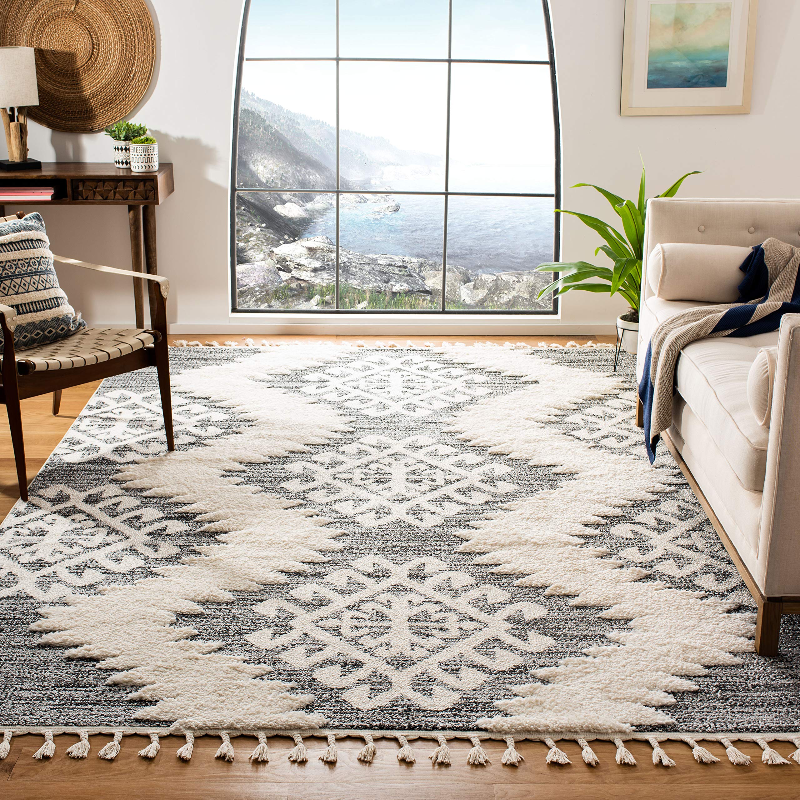 SAFAVIEH Moroccan Tassel Shag Collection Area Rug - 10' Square, Ivory & Grey, Boho Design, Non-Shedding & Easy Care, 2-inch Thick Ideal for High Traffic Areas in Living Room, Bedroom (MTS652F) Image