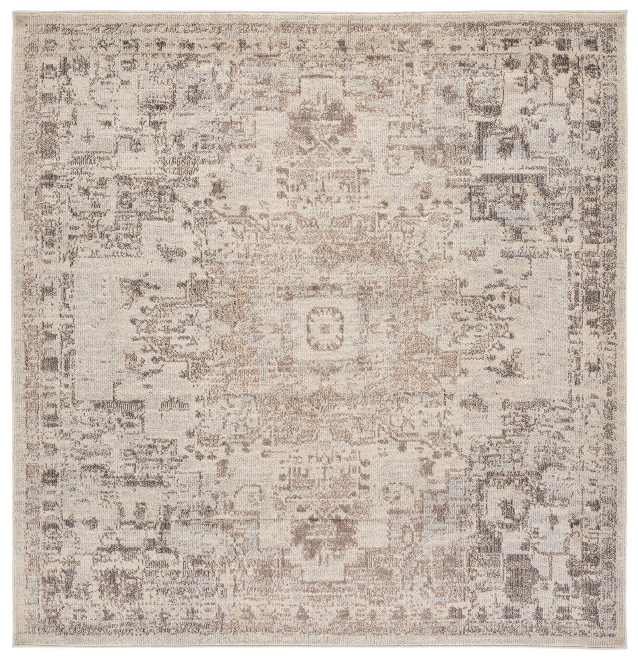 SAFAVIEH Madison Collection Area Rug - 6'7" Square, Ivory & Beige Grey, Boho Chic Distressed Medallion Design, Non-Shedding & Easy to Clean, Ideal for Living Room, Bedroom, Dining Space (MAD473G) Image