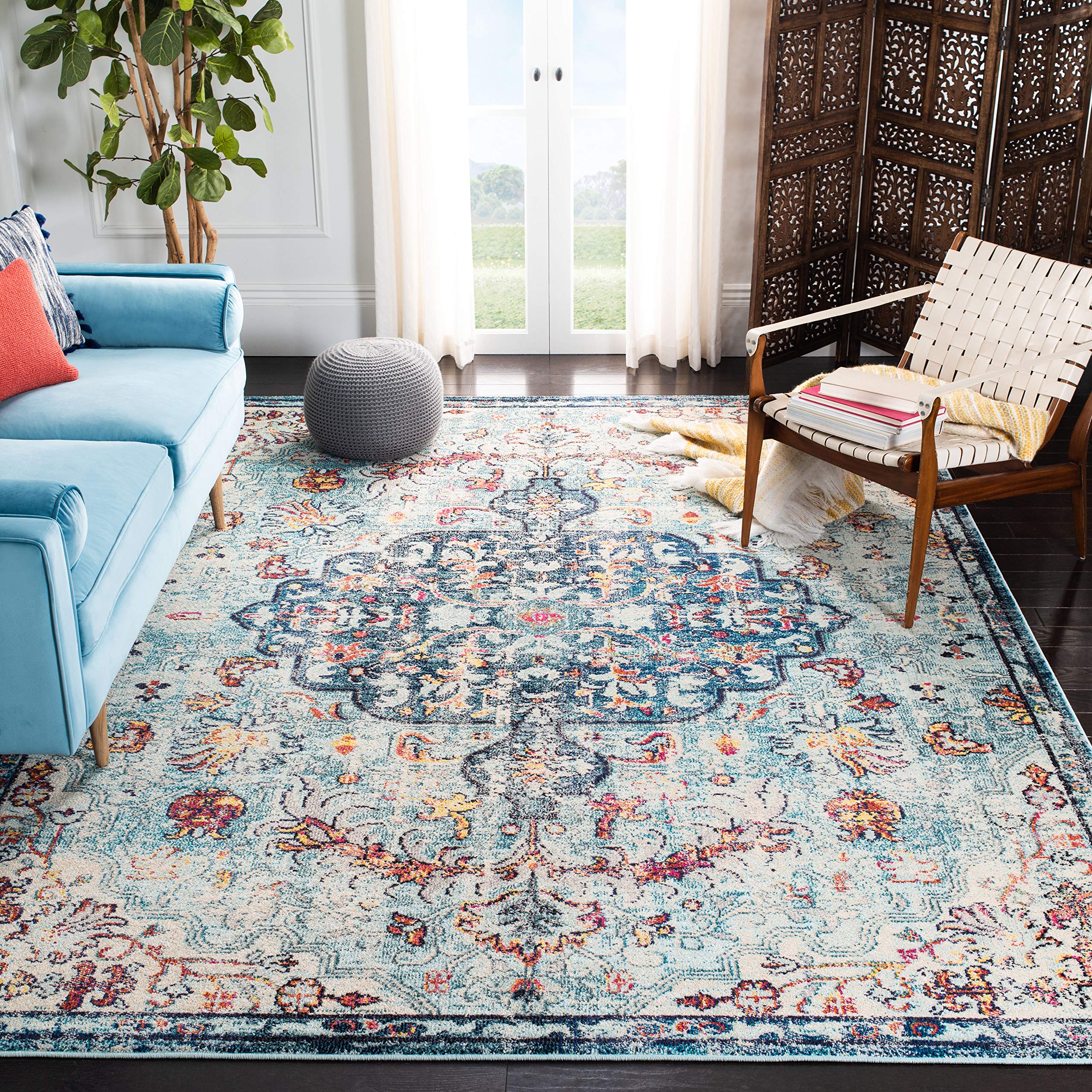 SAFAVIEH Madison Collection Area Rug - 8' Square, Navy & Light Blue, Boho Chic Medallion Distressed Design, Non-Shedding & Easy Care, Ideal for High Traffic Areas in Living Room, Bedroom (MAD447K) Image