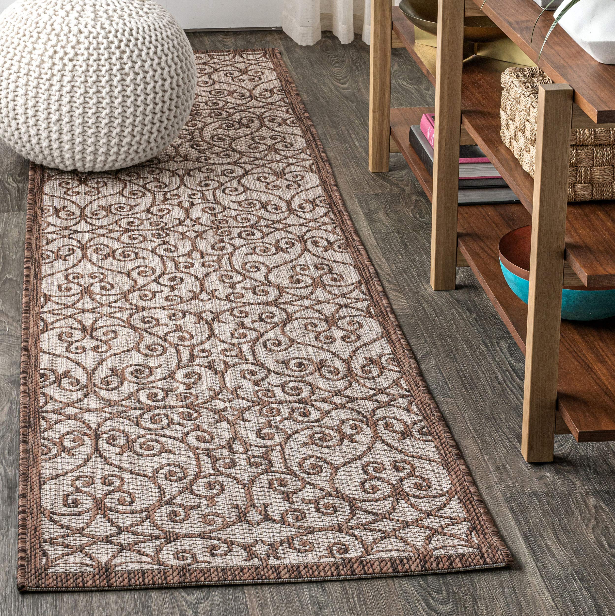 JONATHAN Y Vintage Filigree Indoor Outdoor Runner Rug 2X8 Taupe/Espresso, Madrid Textured Weave for Backyard, Patio, Porch, Easy-Cleaning, High Traffic, Pet-Friendly, Non-Shedding (SMB107C-28) Image